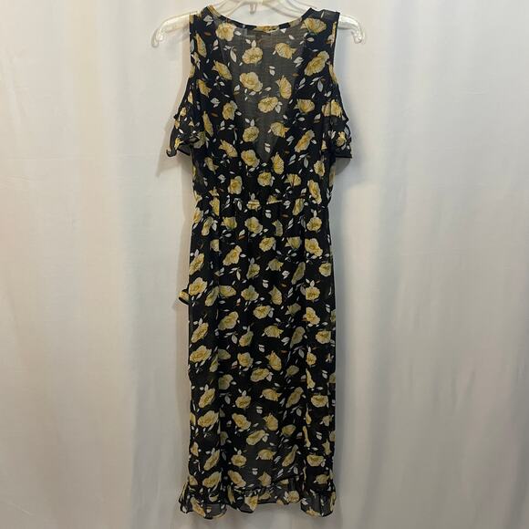 Gilli Black Yellow Floral High Low Cold Shoulder V-Neck Ruffles Dress Large - Picture 7 of 8